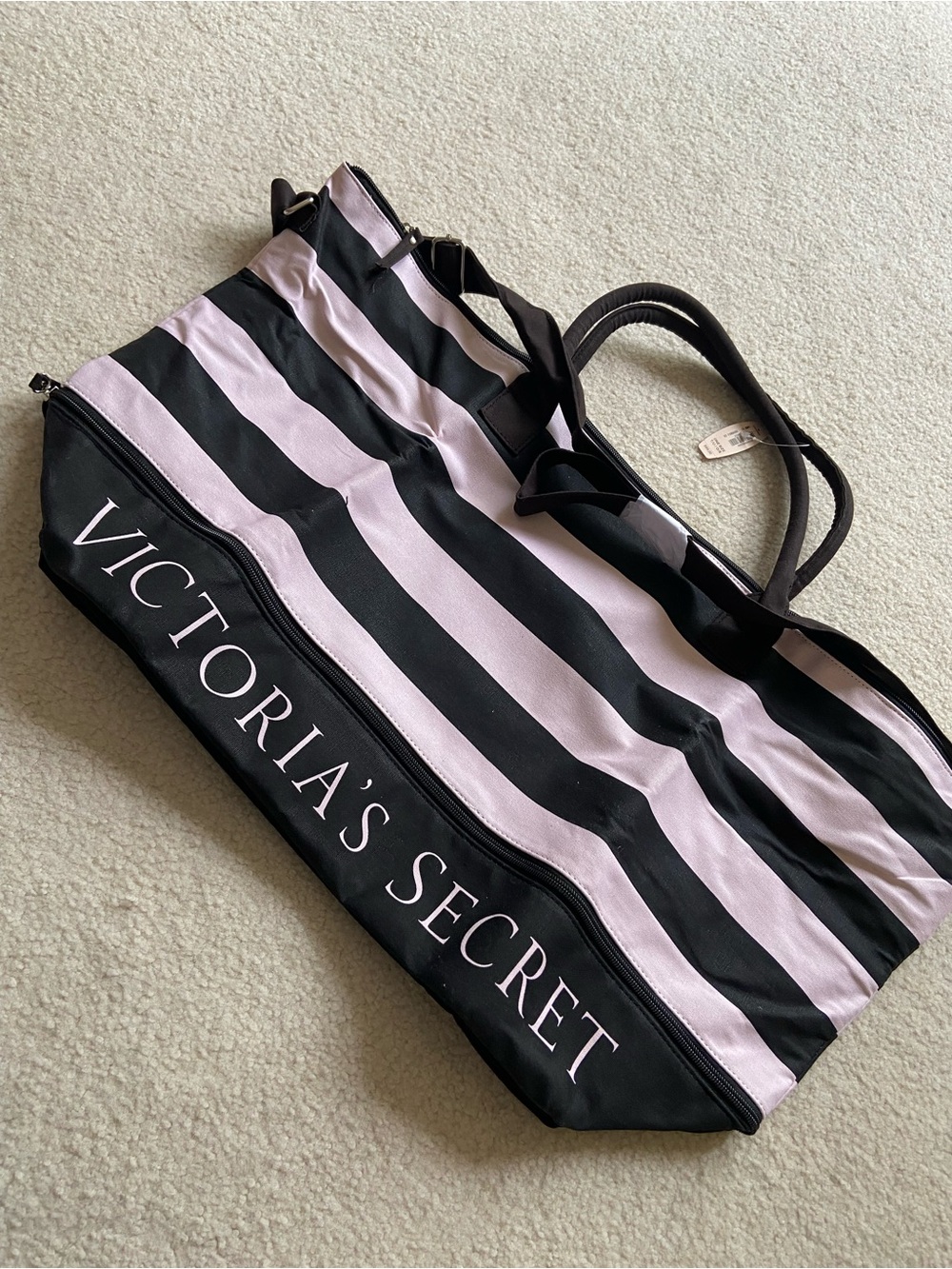 Victoria's Secret Pink and Black Striped Travel Tote Bag